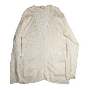 Vtg 1990s Jones New York Ivory Diamond Knit Angora Lambswool Blend Cardigan L